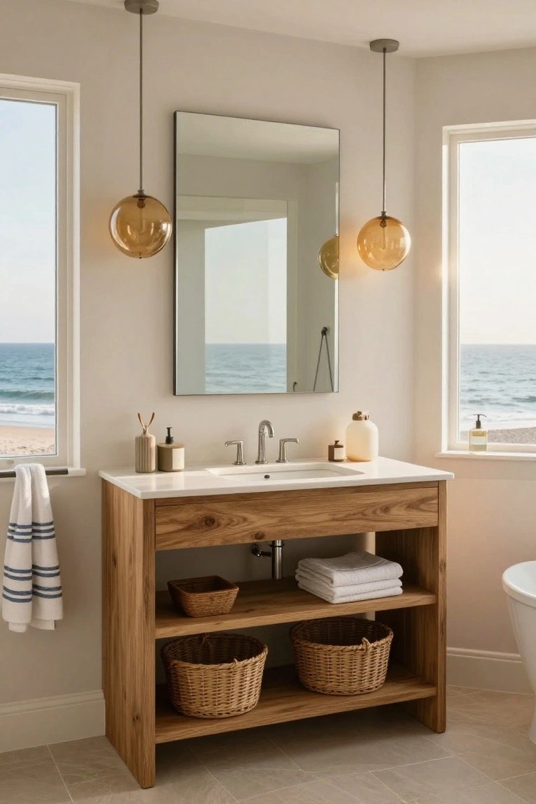 Bathroom vanity with light wood cabinet, open shelves holding baskets and towels, white sink and countertop, rectangular mirror, two amber glass globe pendant lights suspended above, and ocean view through large windows on beige tiled floor.