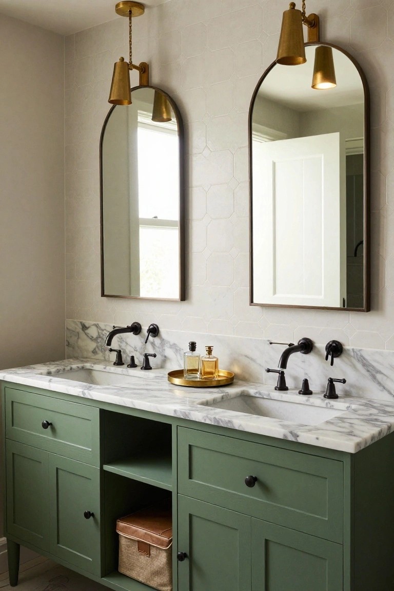 Bathroom double vanity with sage green cabinets, white marble countertop and two undermount sinks, black faucets, two arched black-framed mirrors each with a gold brass wall-mounted sconce featuring a conical shade, and white hexagonal tile backsplash.