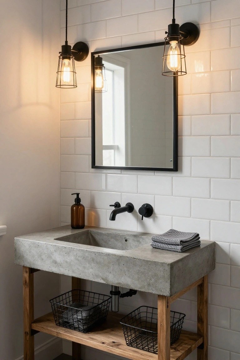 Bathroom vanity setup featuring a gray concrete sink on wooden legs with baskets underneath, black wall-mounted faucet, amber glass soap dispenser, black-framed square mirror, white subway tile walls, and two black wire cage pendant lights with exposed bulbs flanking the mirror.