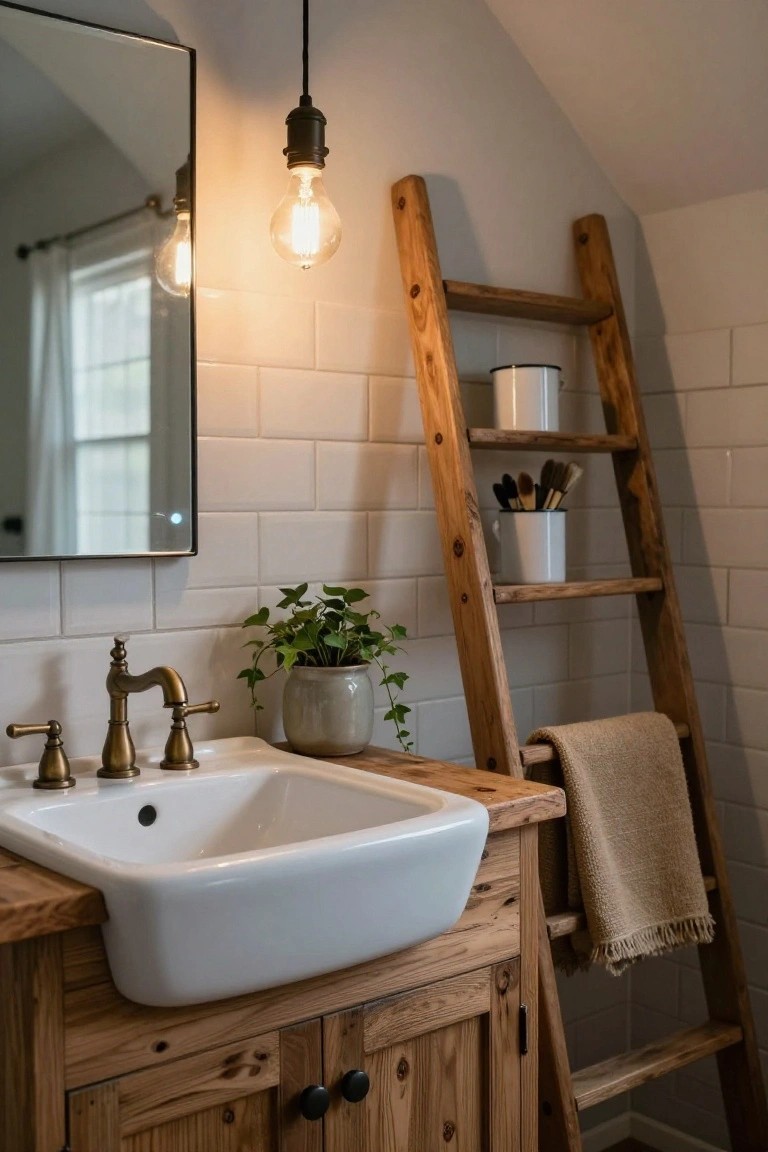 Bathroom vanity with white rectangular sink, brass faucet, wooden countertop and cabinet, nearby wooden ladder shelf holding brushes, pots, towel, and potted ivy plant, single black pendant fixture with exposed bulb hanging overhead, white subway tile walls, and mirror.