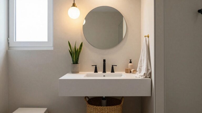 Bathroom vanity with white sink, black faucet, round black-framed mirror, snake plant in grey pot, soap dispenser, folded towel, wicker basket, and single black pendant light with white globe bulb hanging overhead, against light grey walls and tiled floor.