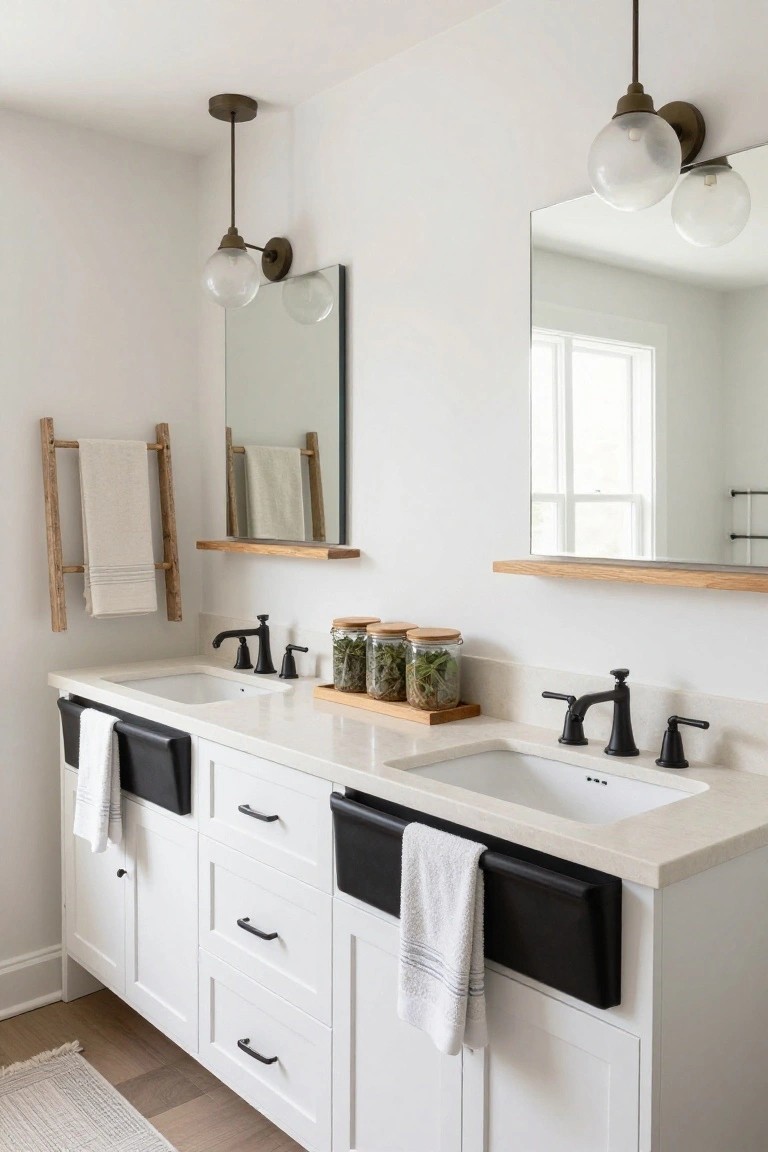 A white double bathroom vanity with undermount sinks, black faucets, black fabric bins holding towels, glass jars of greenery on a wooden tray, wooden towel ladder and shelves beside floating mirrors lit by brass globe sconces and pendant.