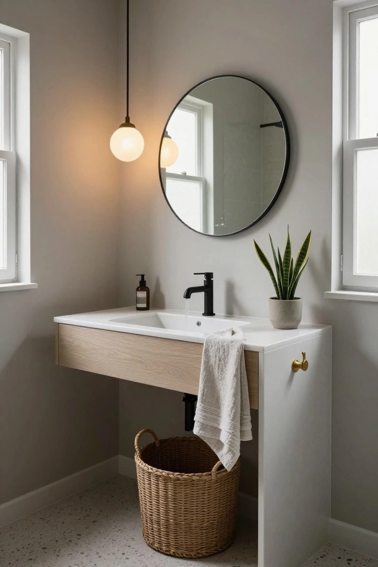 Bathroom vanity with white sink, black faucet, round black-framed mirror, snake plant in grey pot, soap dispenser, folded towel, wicker basket, and single black pendant light with white globe bulb hanging overhead, against light grey walls and tiled floor.