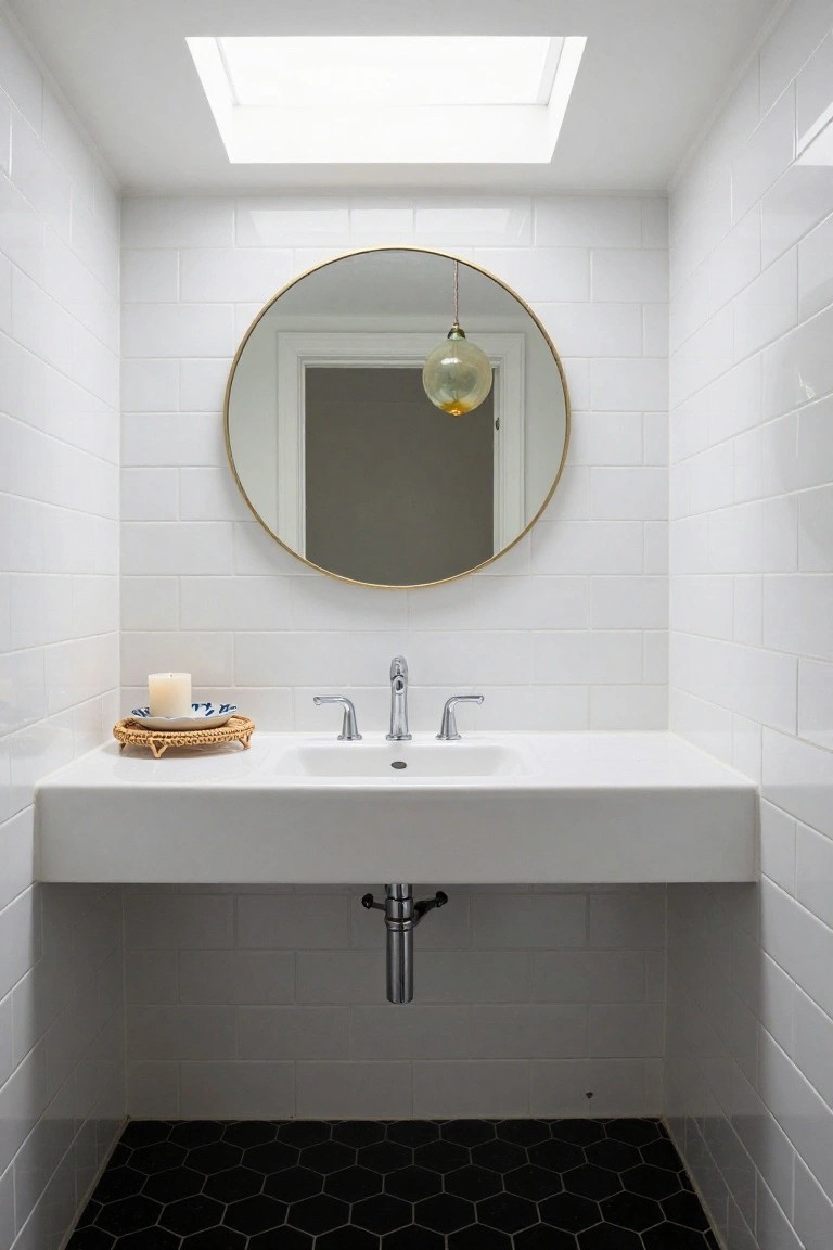 Small white subway-tiled bathroom with floating white vanity sink, gold round mirror on wall, yellow glass globe pendant light hanging nearby, and black hexagonal floor tiles.