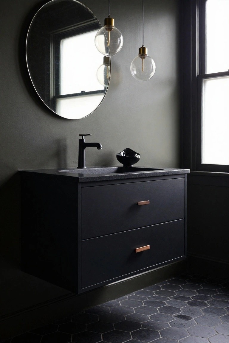 Dark floating vanity with black drawers, round mirror, and pendant lights.