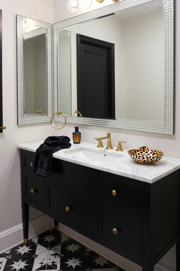 Bathroom vanity with black cabinet, white marble countertop, gold faucet and handles, black towels, leopard-print bowl, amber soap bottle, gold towel ring, large crystal-framed mirror, smaller side mirror, paired gold wall sconces with white globe shades, black door, and black-and-white star-patterned tile floor.