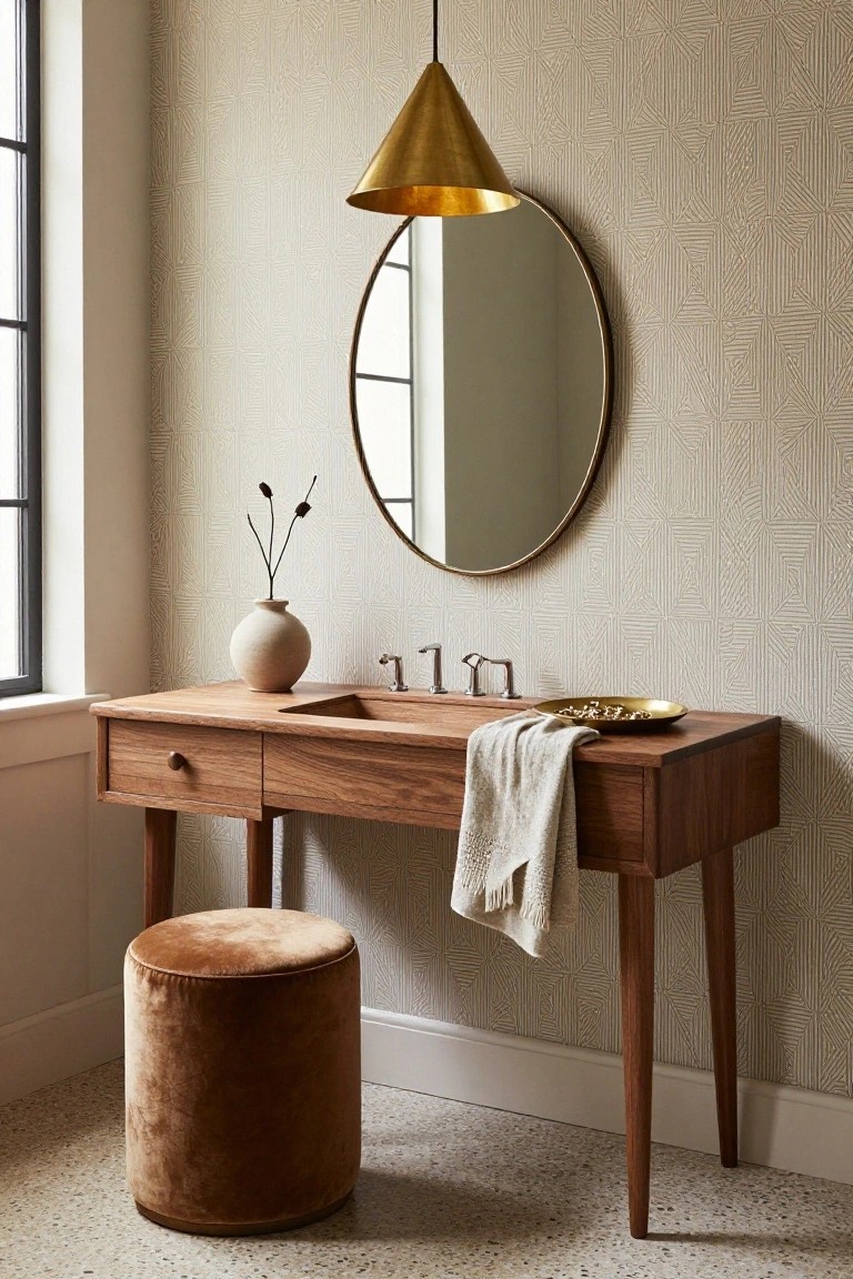 Bathroom vanity setup with a wooden desk-style surface, integrated sink, gold faucets, round mirror on geometric wallpapered wall, hanging gold conical pendant light, terracotta vase with dried branches, gold dish, linen towel, and velvet stool near a window.