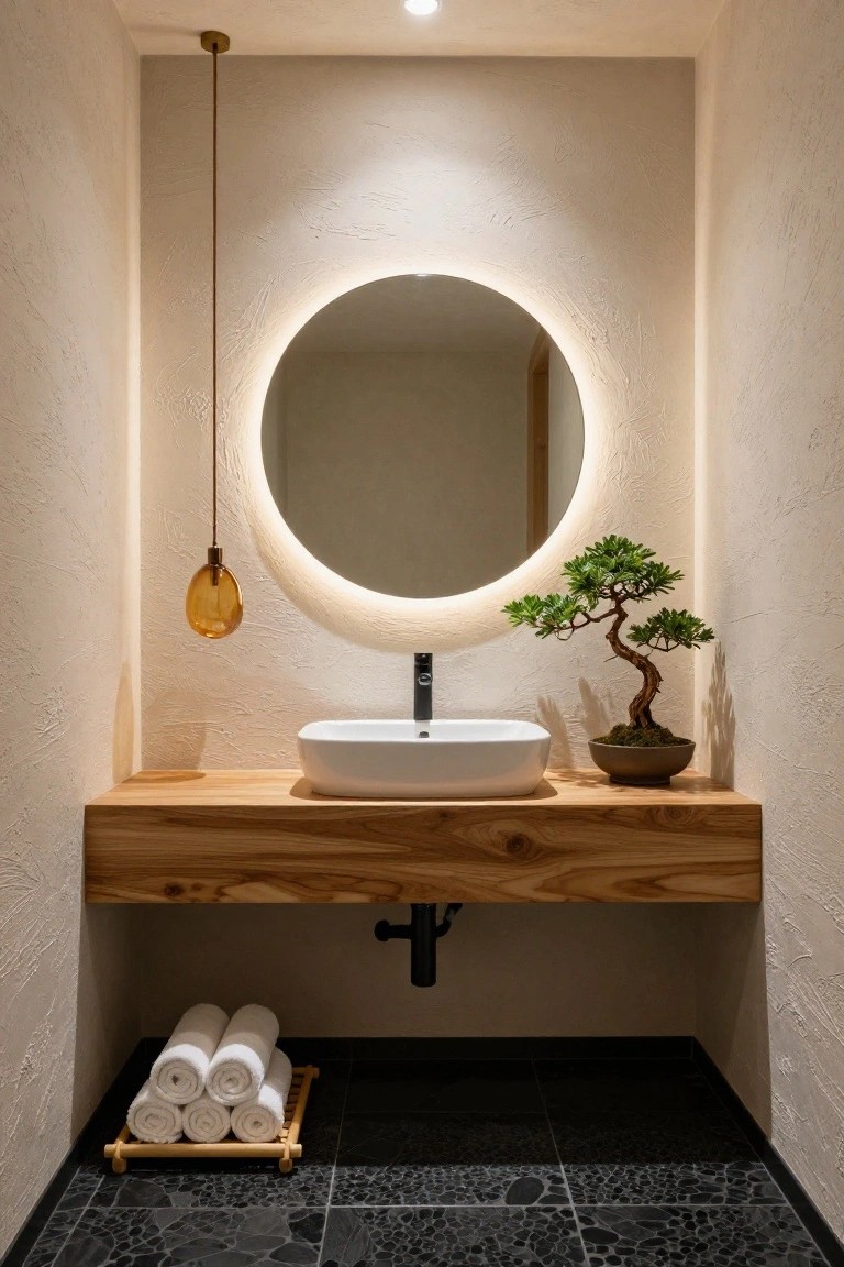 Bathroom vanity with floating wooden countertop holding white vessel sink, matte black faucet, round mirror with LED edge lighting, amber teardrop pendant light hanging nearby, bonsai plant in gray pot, rolled white towels on bamboo tray, and black pebble floor.