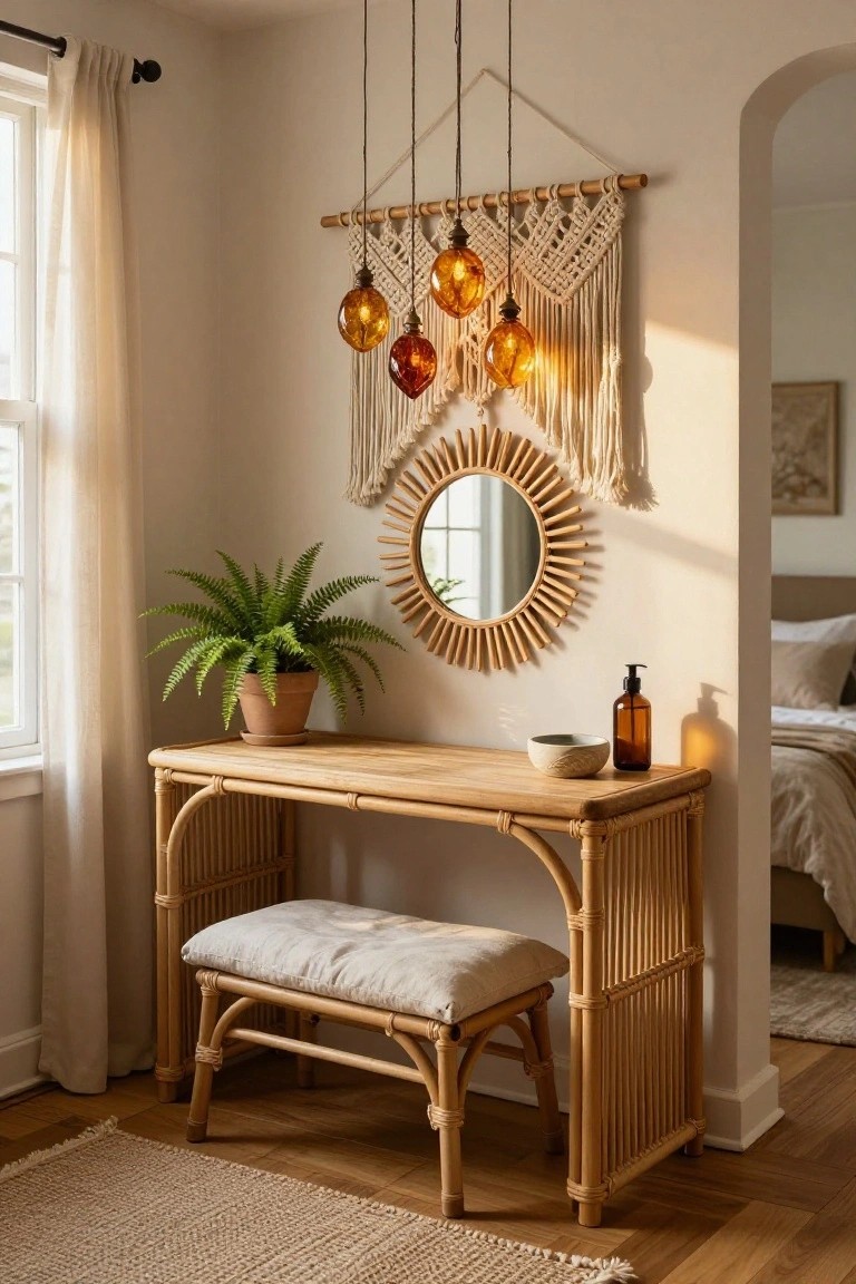 Rattan vanity table with cushioned bench in a light bedroom corner, amber glass pendant lights suspended from white macrame wall hanging, round rattan mirror on wall, potted fern plant, small bowl and lotion bottle on table, sheer window curtain and archway to bed in background.