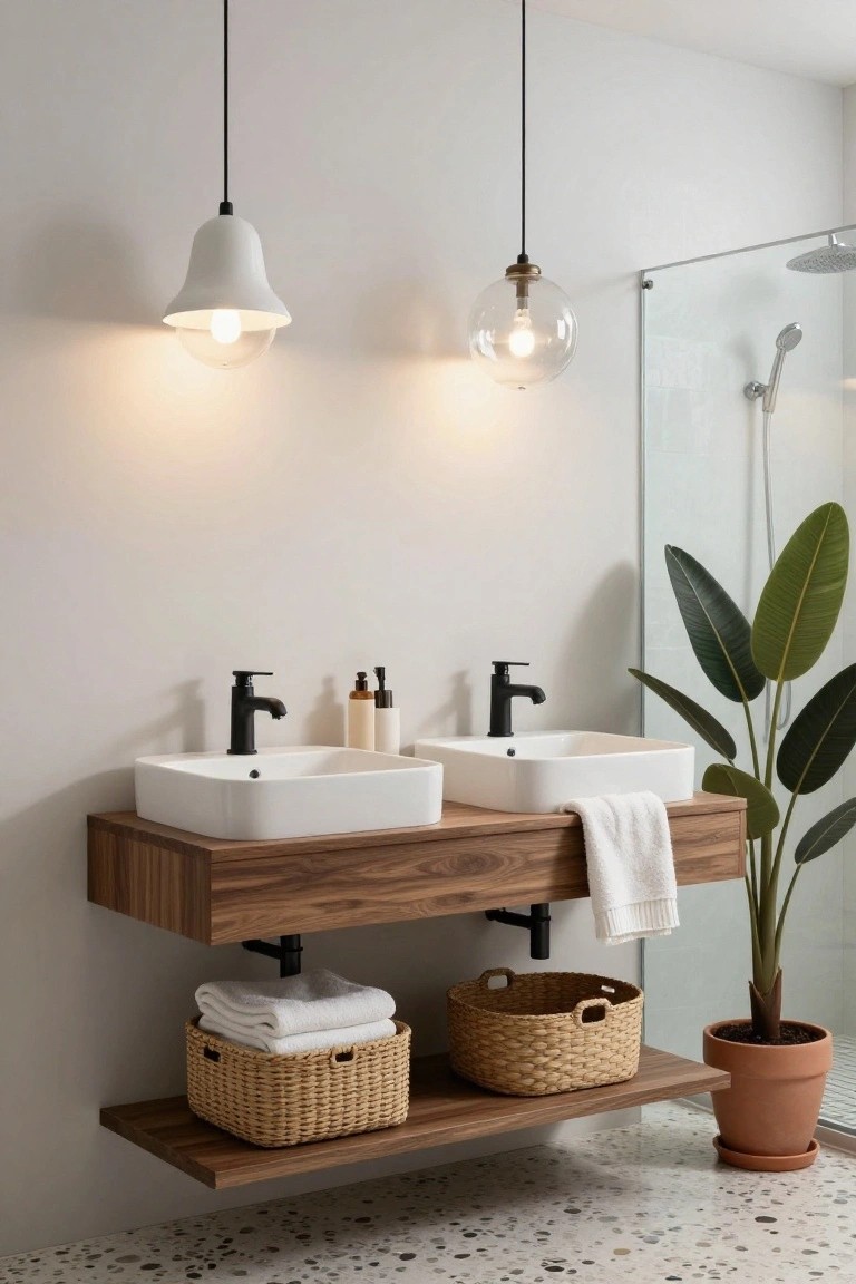 Bathroom with floating wooden double vanity holding two white square sinks and black faucets, lit by two hanging pendant lights including a white bell and glass globe, potted plant nearby, and glass shower enclosure.