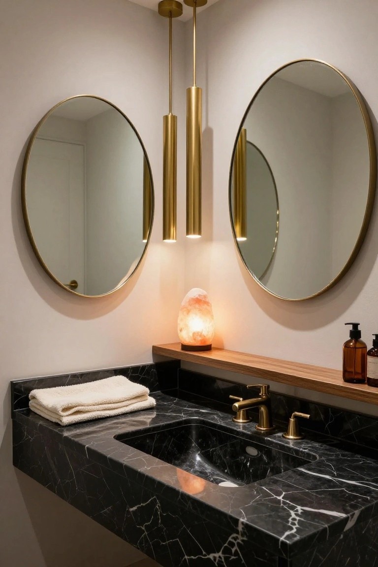Bathroom corner with floating black marble vanity and sink, gold faucets, wood shelf holding a lit salt lamp and bottles, two large round gold-framed mirrors on beige walls, and two slim cylindrical gold pendant lights hanging above.