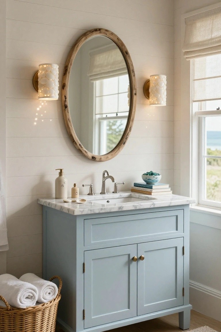 Bathroom vanity with light blue cabinet, white marble countertop, gold faucet, oval wood-framed mirror flanked by two textured white wall sconces, soap bottles, stacked books, blue bowl, woven towel basket, shiplap walls, linen window shade, and ocean view window.