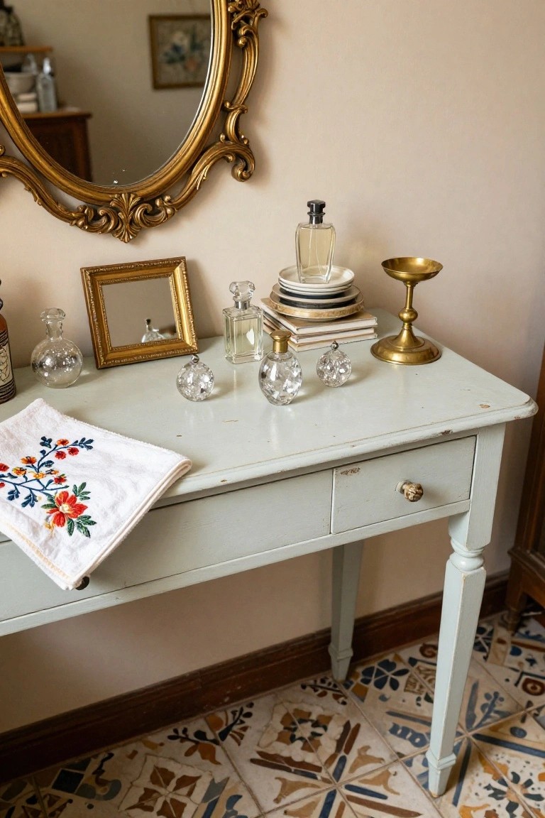 Pale green painted vanity table holding glass perfume bottles, crystal orbs, small framed mirrors, stacked saucers, books, and a tall brass candelabra, with a white embroidered cloth draped over one end, beside a large ornate gold mirror and on a colorful tiled floor.