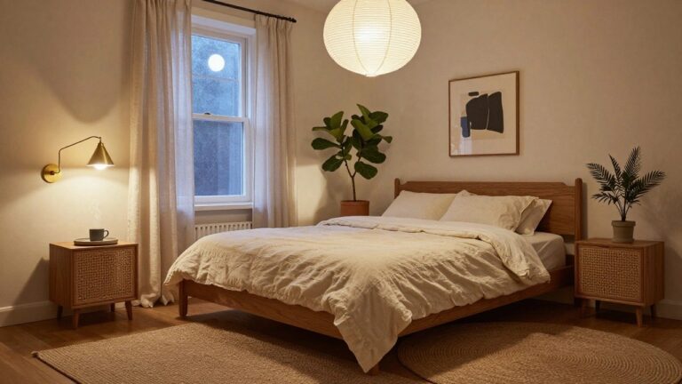 Cozy bedroom interior with wooden bed frame, white duvet and pillows, rattan side tables, rice paper lamp, brass wall lamp, fiddle leaf fig plant, sheer curtains on large window overlooking trees, and seagrass rug on hardwood floor.