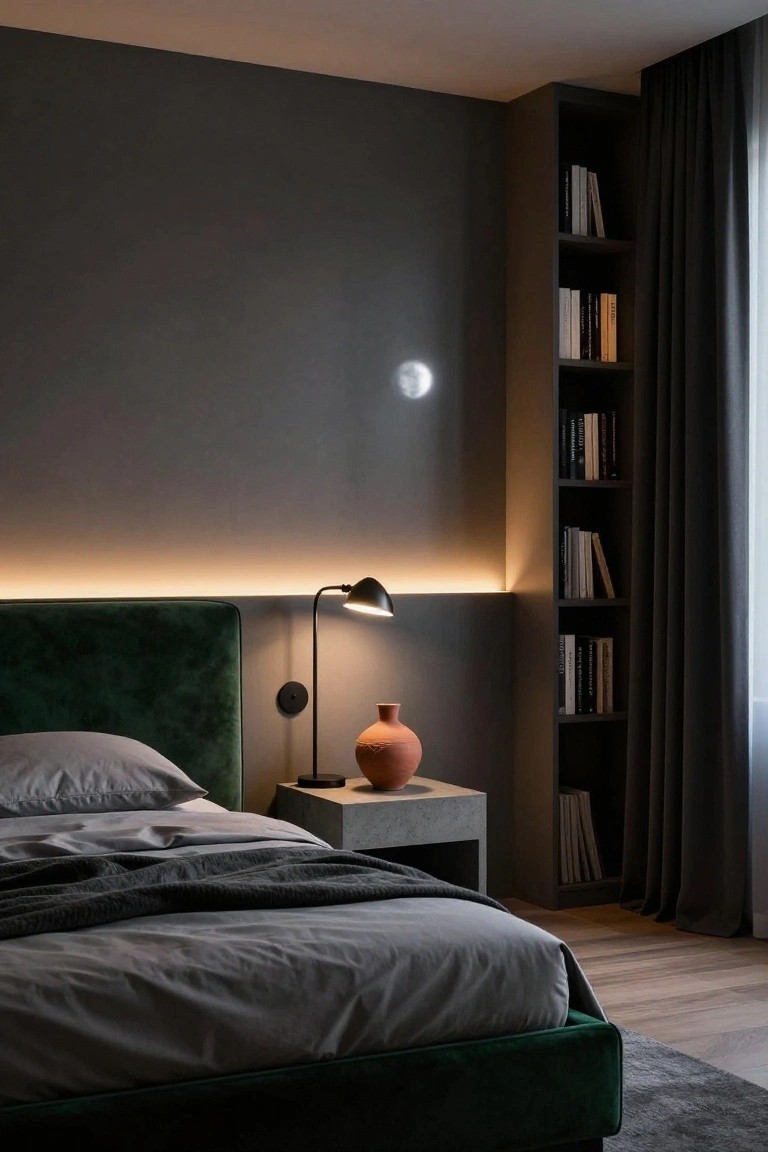 Contemporary bedroom with emerald green velvet headboard bed, gray sheets, concrete nightstand with black lamp and terracotta vase, thin LED strip lighting glowing along the headboard wall, built-in dark wood bookshelves, and black curtains over a window.