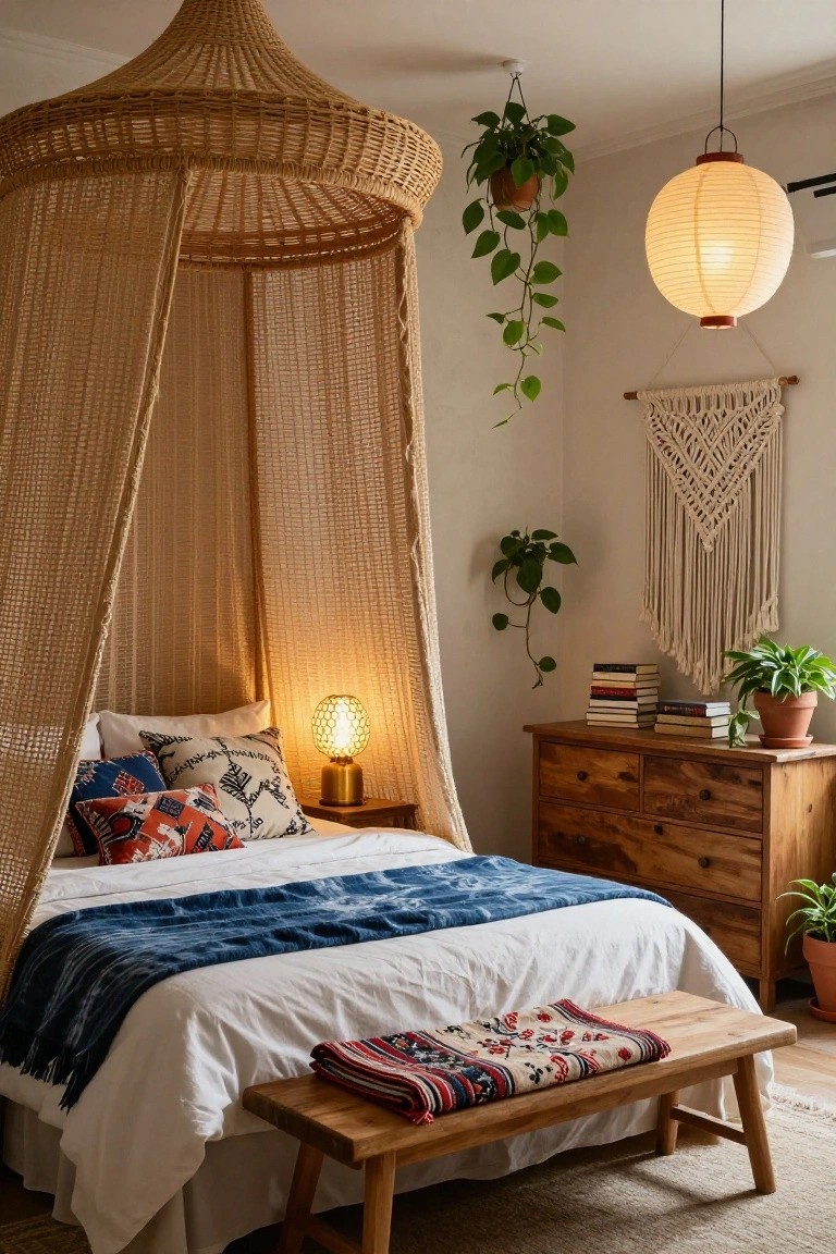 Bedroom with rattan canopy bed draped in white fabric, blue indigo throw, patterned pillows, glowing brass beehive lamp on wooden nightstand, large hanging white paper lantern, potted plants, macrame wall hanging, wooden dresser with books, and bench at bed foot.