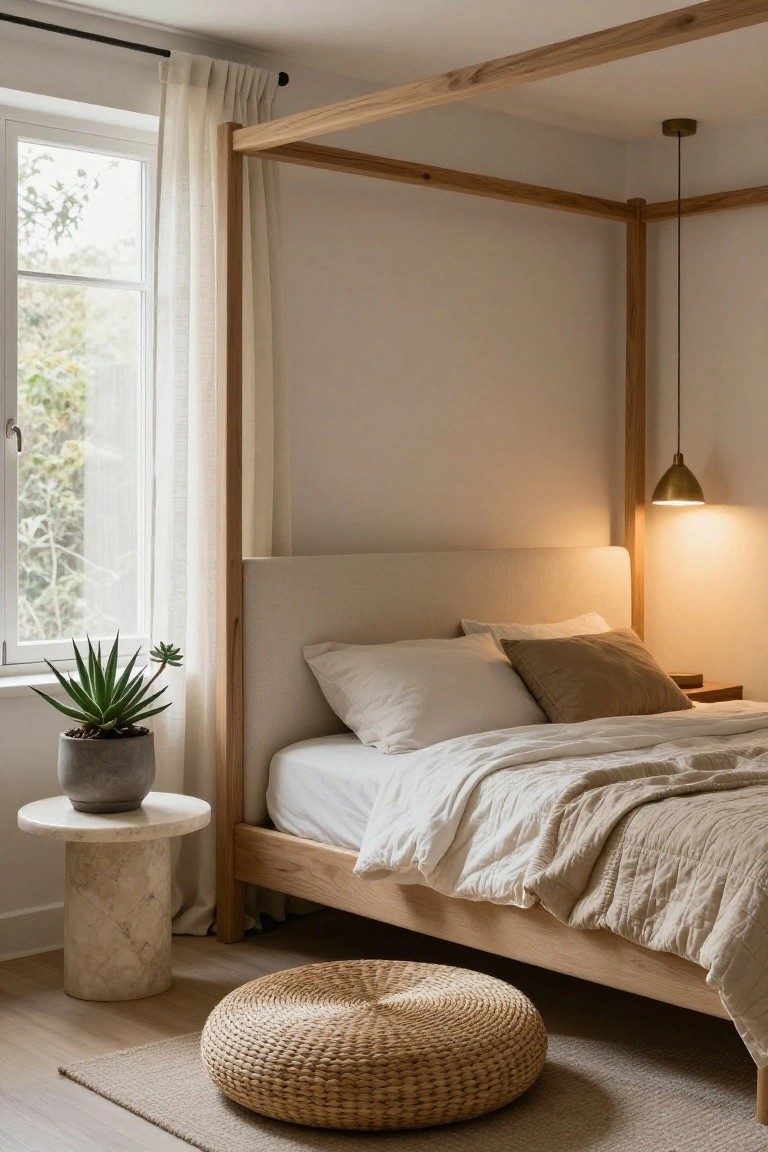 Bedroom corner with wooden four-poster bed draped in white and beige linens, marble pedestal side table holding a potted agave plant, woven floor pouf, sheer-curtained window with greenery outside, and brass pendant light hanging over the bed.