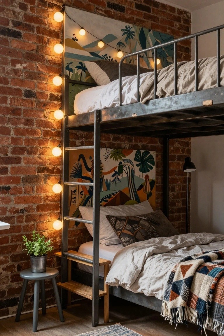 A metal bunk bed against an exposed brick wall in a bedroom, illuminated by warm white globe string lights draped vertically, with tropical-patterned wall art behind the beds, a desk lamp, potted plant on a gray stool, and woven rug on wooden floor.