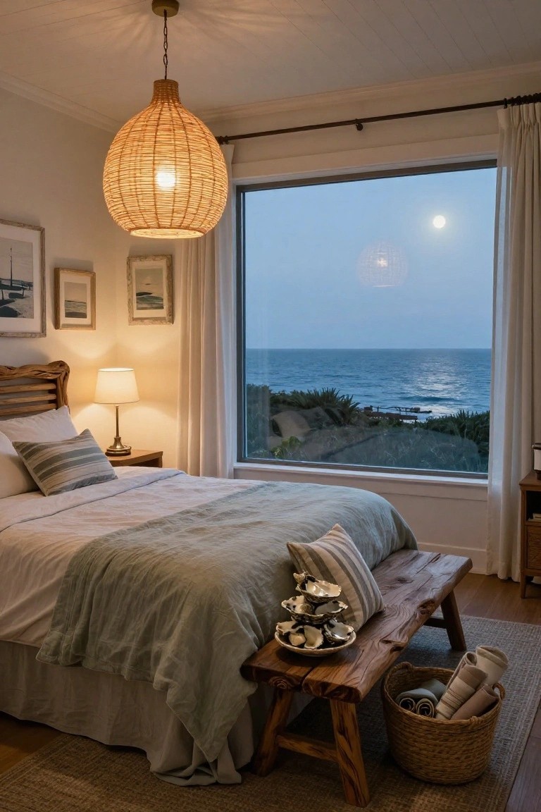 Bedroom with rattan pendant light over bed, bedside lamp, wooden bench at foot with oyster shells and pillows, large window showing ocean and moonlight, neutral linens and seagrass rug on wood floor.