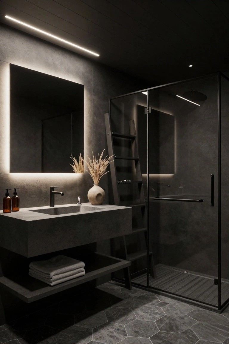 Modern bathroom interior with dark gray walls, floating concrete sink vanity, black-framed glass shower enclosure, backlit rectangular mirror, linear LED strip lights on ceiling, potted dried grass stems, stacked towels on shelf, and hexagonal dark gray tile floor.