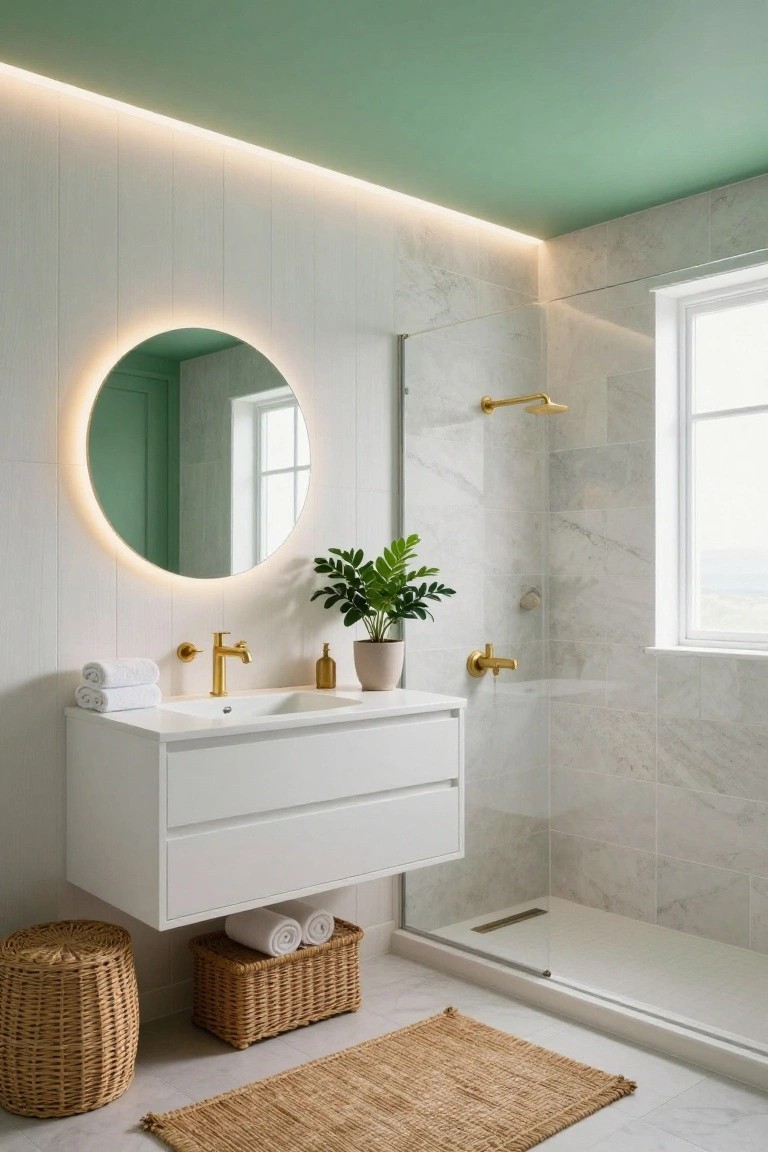 Modern bathroom with green ceiling and perimeter LED strip lighting, round backlit mirror above white vanity with gold faucet, potted plant, woven stool, and glass shower enclosure with gold fixtures.