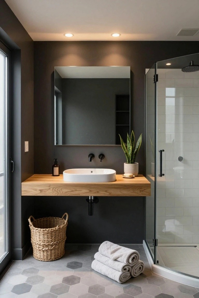 Contemporary bathroom interior with dark gray walls, floating oak wood vanity holding a white rectangular sink and soap dispenser, adjacent glass shower enclosure with white subway tiles, snake plant in pot, woven basket on floor, stacked white towels, hexagonal gray floor tiles, and multiple recessed round ceiling lights.
