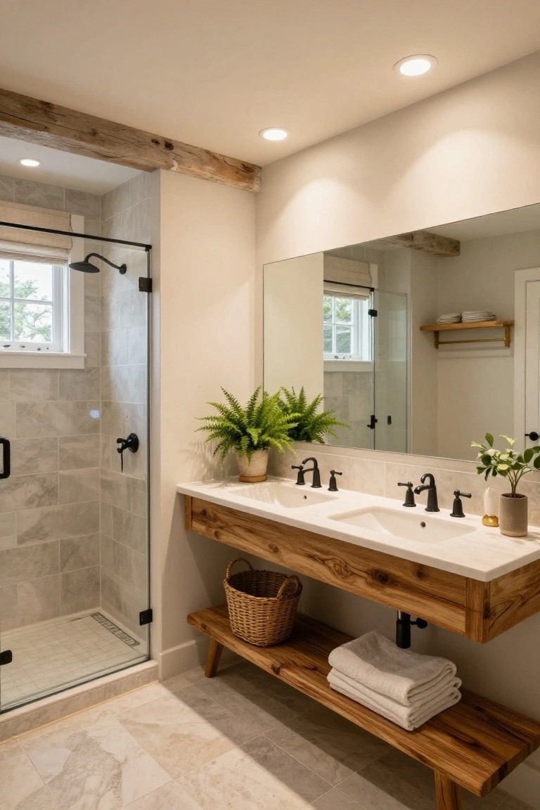 A bathroom with gray tile shower enclosure, floating wooden vanity and bench holding double sinks, plants, towels, basket, and multiple recessed ceiling lights.