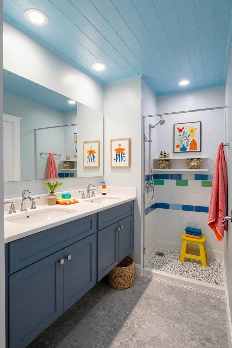 Bathroom with light blue shiplap ceiling featuring four recessed round lights, navy double vanity with two sinks, glass shower enclosure with colorful tile accents, and yellow step stool on pebble shower floor.