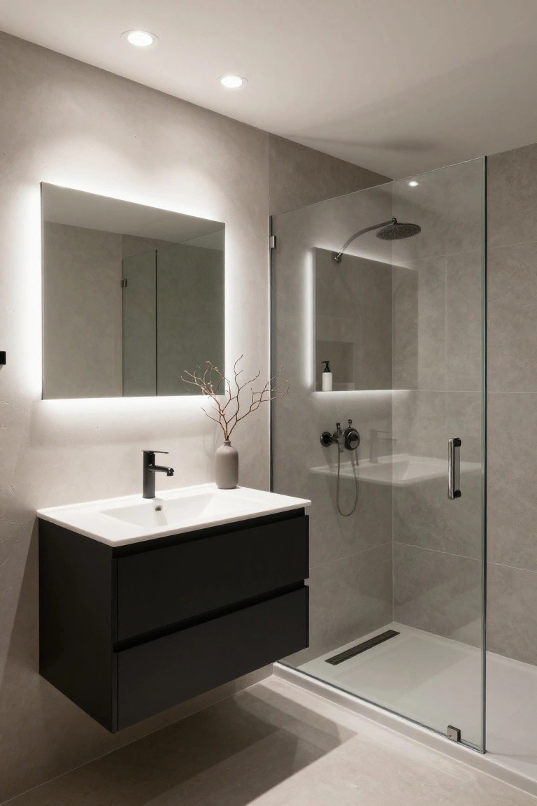 Modern bathroom featuring a floating black vanity with white sink, backlit rectangular mirror, glass shower enclosure with rainfall showerhead, gray textured walls, and recessed ceiling downlights.