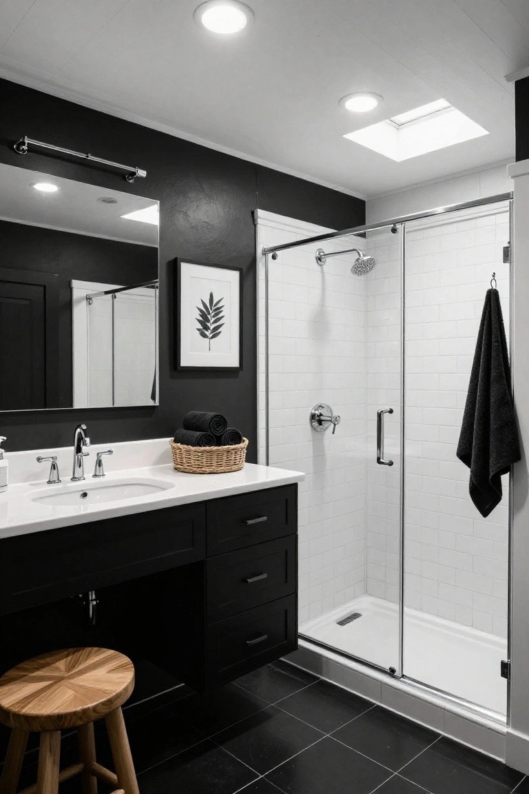 Modern bathroom with black walls and vanity, white subway tile shower enclosure, recessed ceiling lights, skylight, woven basket of black towels on white countertop, and wood stool.