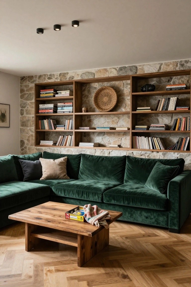 Living room featuring a green velvet L-shaped sofa, rustic wooden coffee table, built-in wooden bookshelves against a stone wall, herringbone wood floor, and four black recessed ceiling lights in a row.