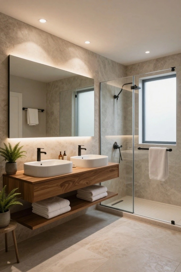 Modern bathroom featuring a wooden double vanity with two white vessel sinks, glass shower enclosure, beige stone tile walls and floor, recessed ceiling lights, potted plants, folded towels, and a small stool.
