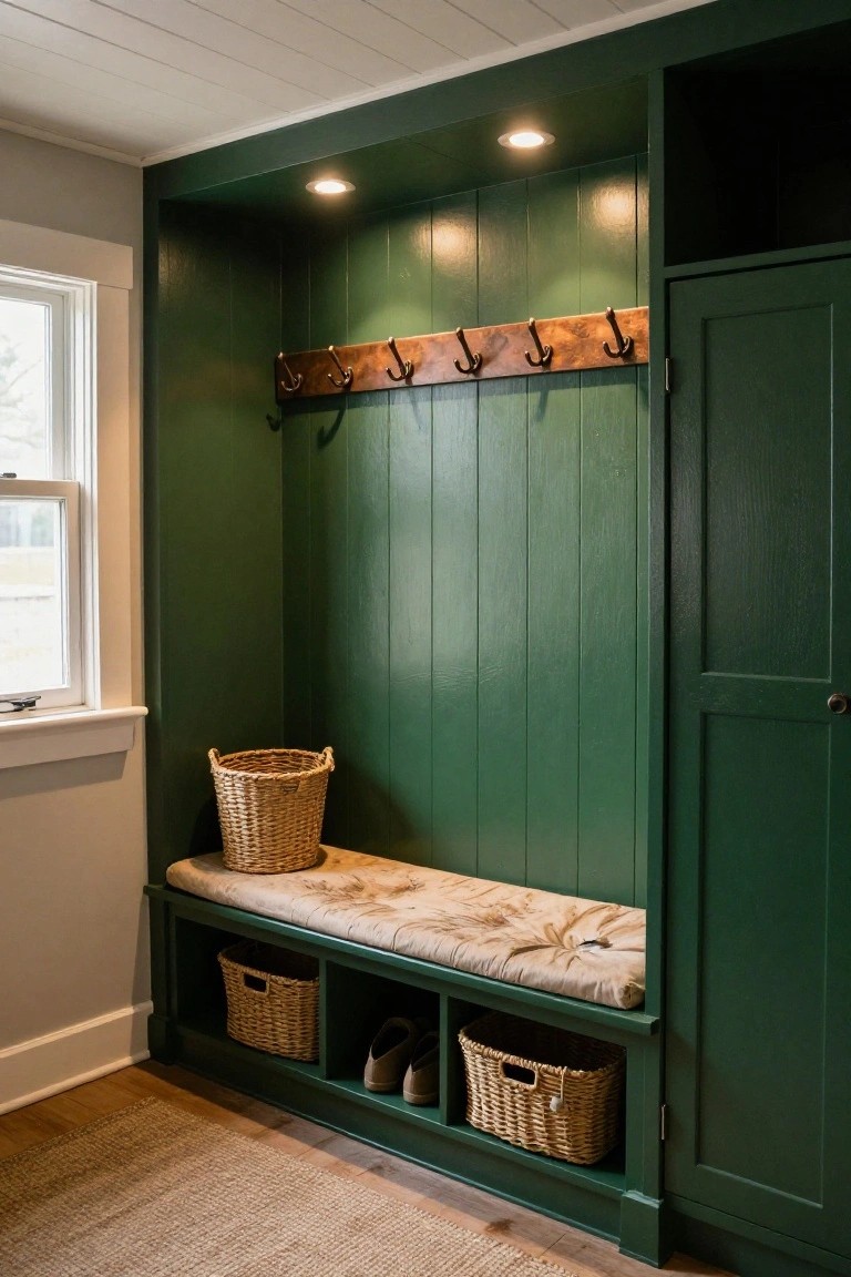 Green shiplap-walled built-in mudroom niche with white paneled ceiling and recessed lights, wooden bench with beige cushion, wicker baskets, shoes, copper coat hooks, and adjacent cabinet door.