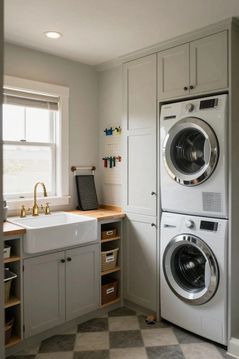Laundry room with gray shaker-style cabinets enclosing stacked white washer and dryer, wood countertop with white farmhouse sink and gold faucet, open shelves with baskets, checkered tile floor, and single recessed ceiling light.