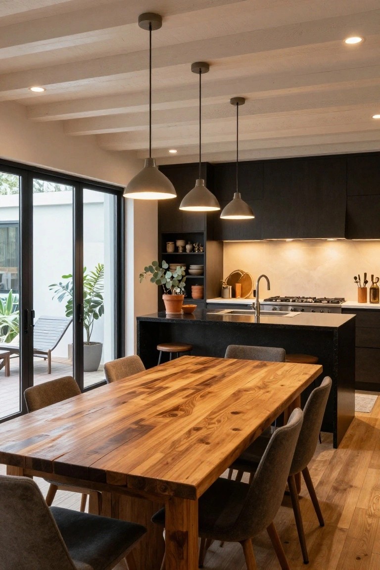 Kitchen with vaulted ceiling featuring exposed whitewashed wooden beams and recessed pot lights, dark cabinets, black island, wooden dining table with upholstered chairs, and sliding glass doors to a patio.