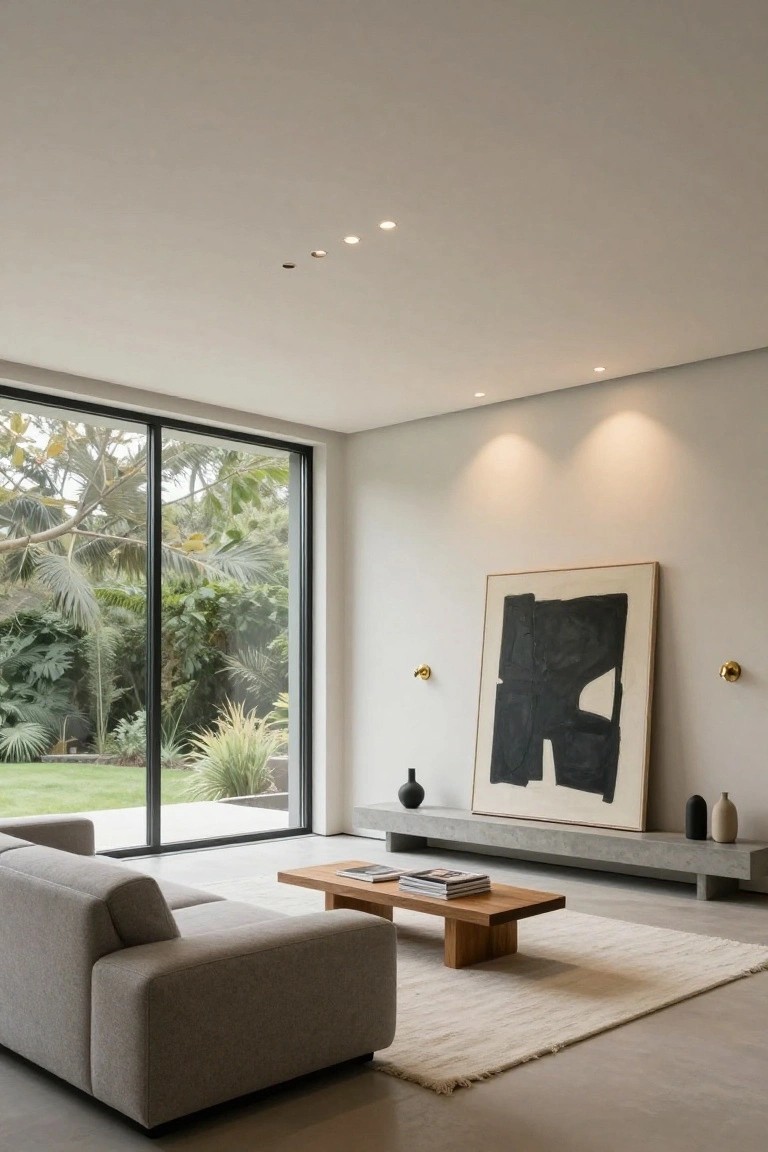 Modern living room featuring a gray L-shaped sofa, wooden coffee table with books, large abstract black and white painting on a white wall, concrete ledge with vases, sliding glass doors to a lush garden, polished concrete floor, white rug, and multiple recessed ceiling lights with warm glow.