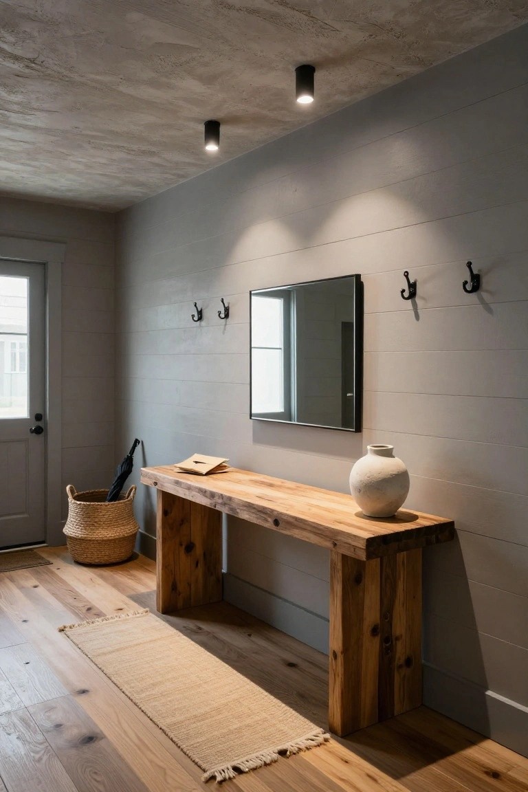 Entry hall with gray board-and-batten walls, black-framed mirror and hooks, wooden console table holding a book and white vase, wicker basket with umbrella by the door, beige runner rug on wood floors, and cylindrical recessed lights in textured ceiling.
