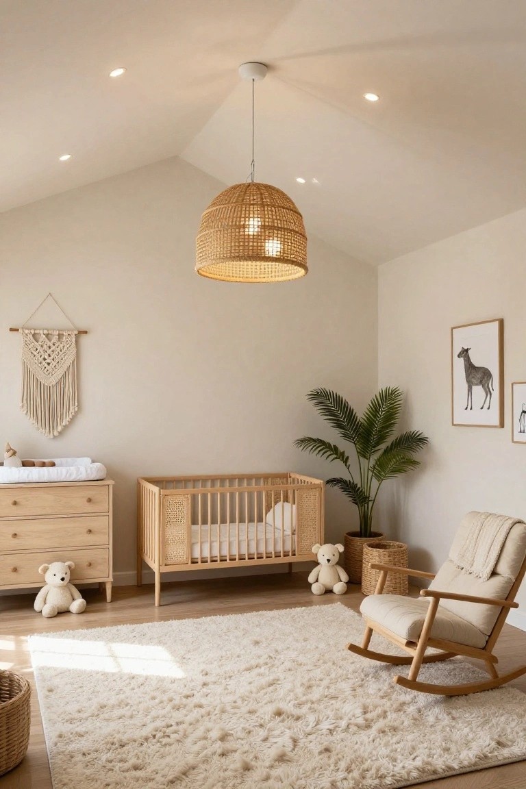 Nursery room with vaulted beige ceiling and recessed round lights, central hanging woven basket pendant lamp, wooden crib with rattan sides, oak dresser, teddy bears, potted palm, framed art, beige rocking chair, and light fluffy rug on light wood floor.