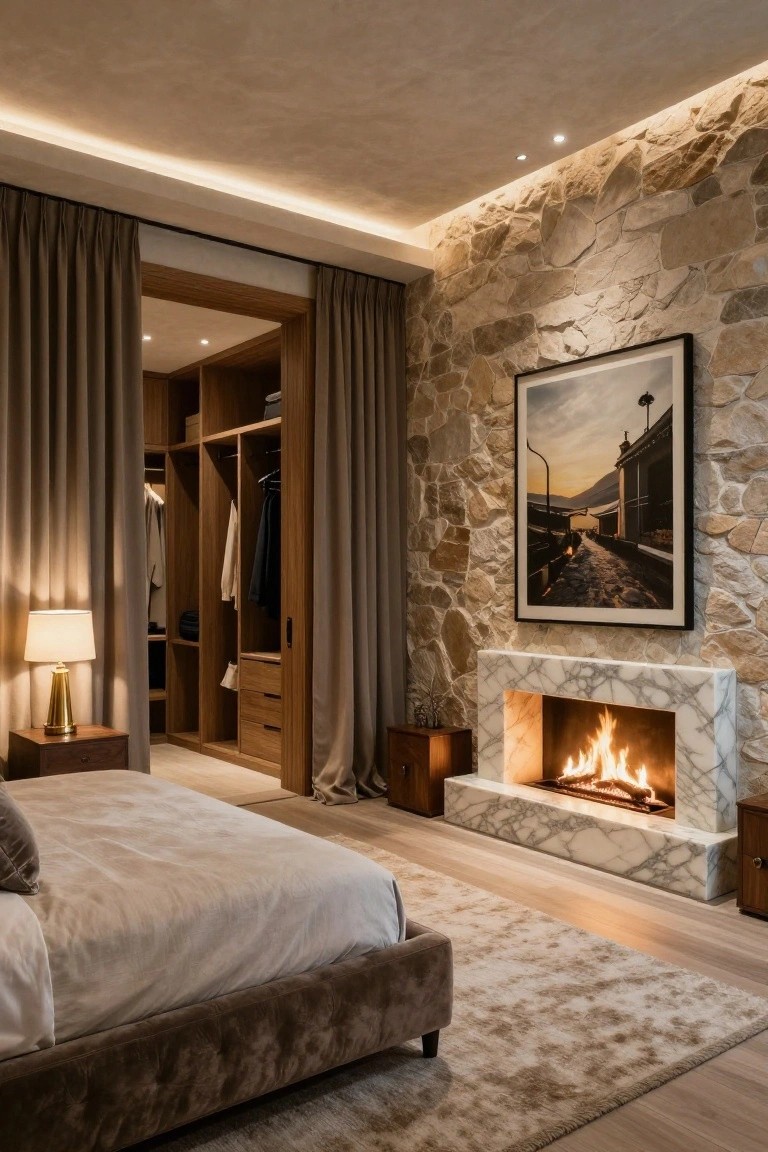 Bedroom with beige upholstered bed, open wood walk-in closet with clothing, marble fireplace with fire, stone accent wall with framed artwork, wood side tables, and warm recessed ceiling lighting.