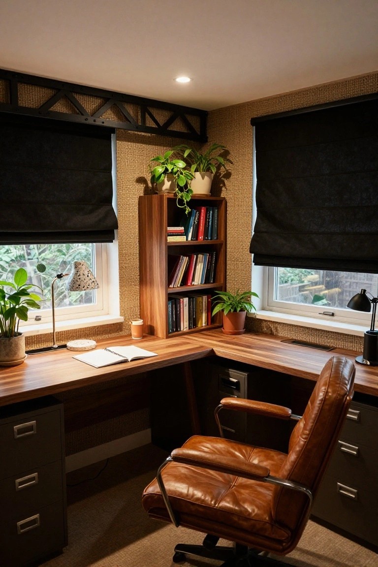 Corner home office with L-shaped wooden desk, wooden shelves holding books and potted plants, tan leather swivel chair, black roman shade blinds on two windows, desk lamps, and a potted plant on the desk.