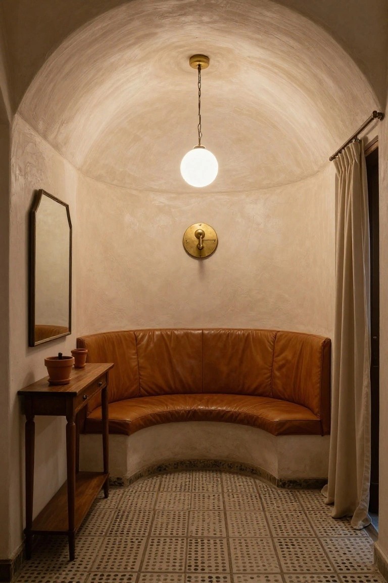 Arched beige plaster interior nook with curved brown leather bench, wooden console table holding terracotta pots, oval wall mirror, gold wall sconce, hanging white globe pendant light, and neutral drapes over patterned tile floor.