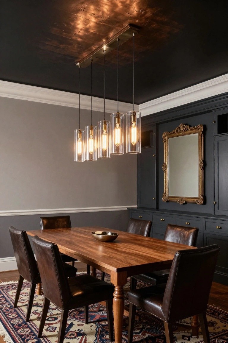 Dining room featuring a black ceiling with copper metallic texture, brass linear chandelier with glass tube shades and exposed bulbs hanging over a wooden table set with leather chairs, gray walls, and a gold-framed mirror.