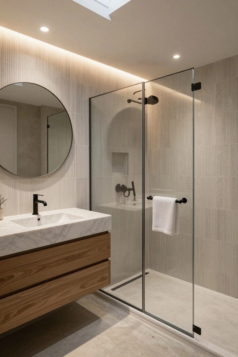 Modern bathroom with light ribbed tile walls, glass shower enclosure, oak floating vanity with white marble top and black faucet, large round mirror, white towel on shower door, and ceiling skylight with perimeter LED strip lighting and recessed spots.