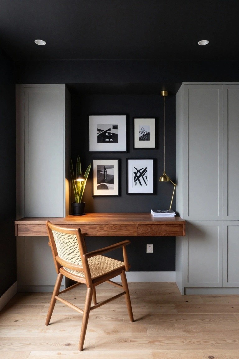 Home office interior featuring a black ceiling with recessed lights, floating walnut desk, rattan armchair, gray built-in cabinets, snake plant, and four black-framed artworks on the wall.