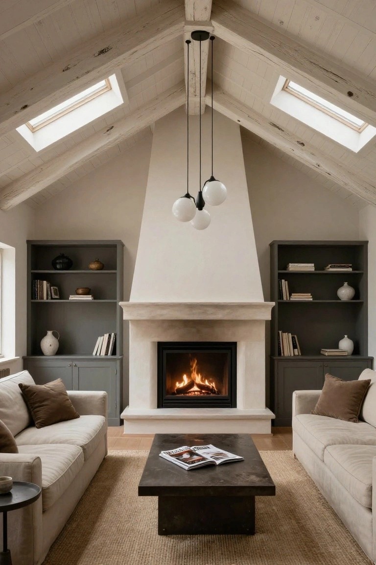 A living room with a high vaulted ceiling featuring whitewashed wooden beams and two skylights, a white pendant light, beige stone fireplace with built-in gray bookshelves and cabinets on both sides, two cream sofas facing a dark wood coffee table on a seagrass rug.