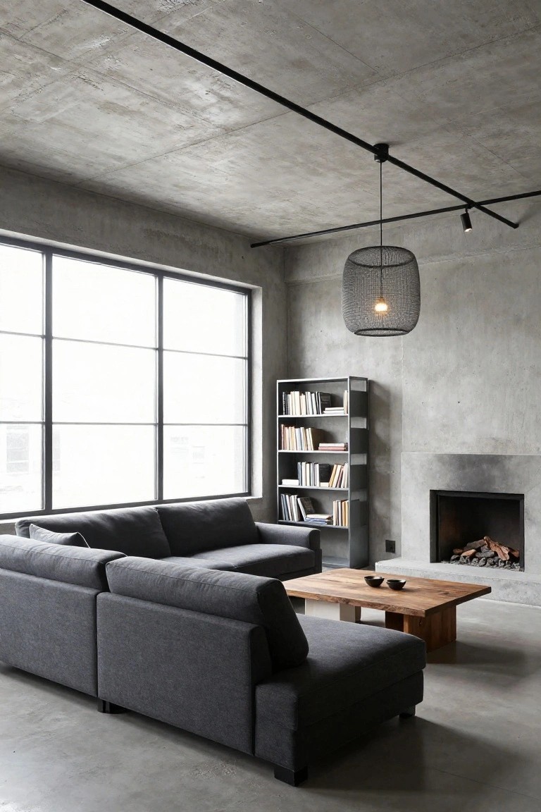 Modern living room featuring exposed concrete ceiling with black track lighting and woven pendant lamp, gray L-shaped sofa, wooden coffee table, metal bookshelf, concrete fireplace, and large steel-framed windows.