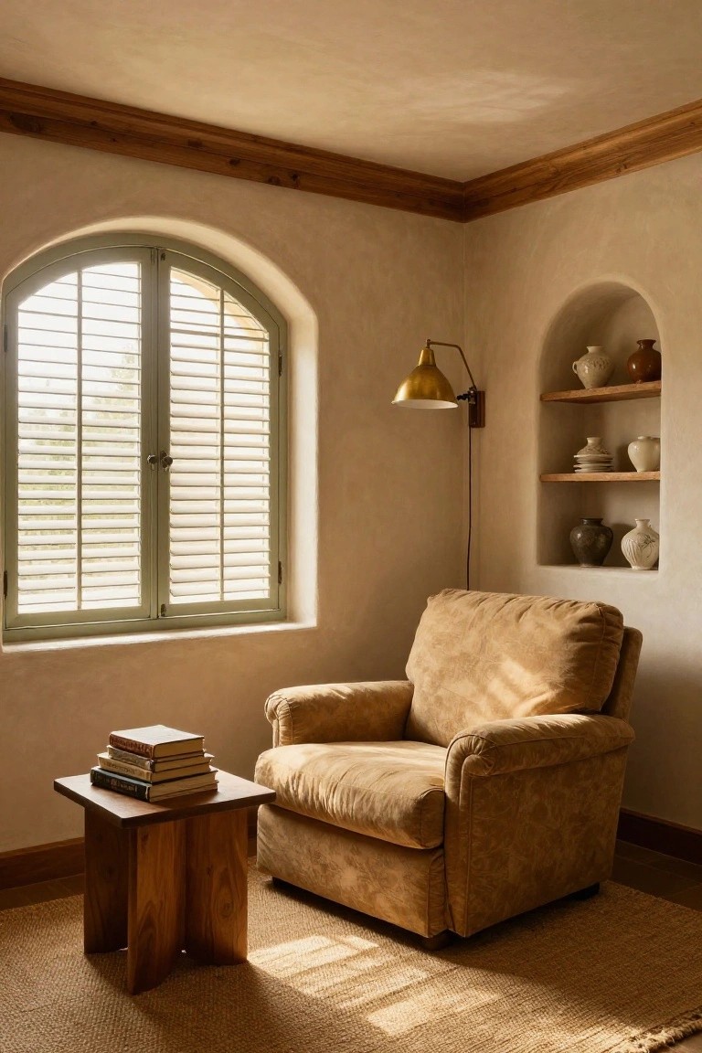 Cozy room corner with beige armchair next to wooden side table stacked with books, arched green-shuttered window, wall niche holding pottery, brass wall lamp, exposed wooden ceiling beams, and seagrass rug on beige walls.