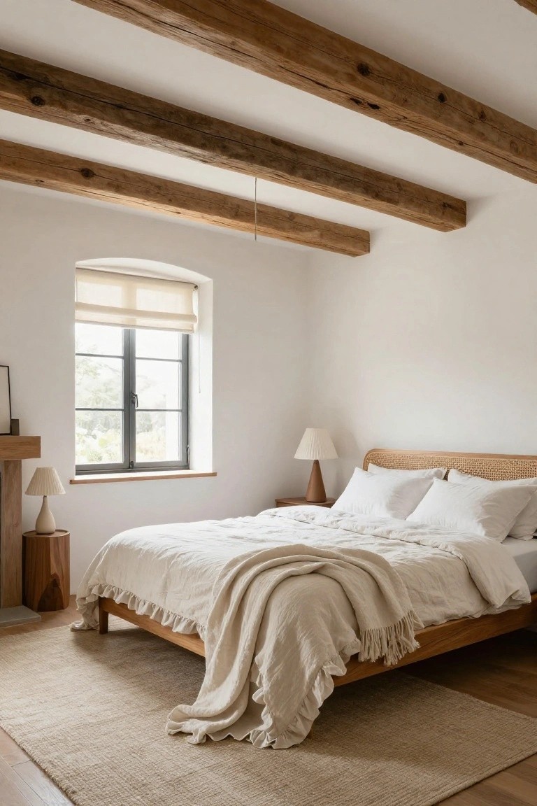 Bedroom interior with dark exposed wooden beams on white ceiling, arched window with sheer blind, rattan headboard bed draped in white linens and throw, two lamps on wooden tables beside a fireplace, neutral rug on wood floor.