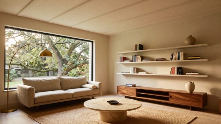 A modern living room with a light beige grid-paneled ceiling, cream L-shaped sofa, wooden coffee table, open wooden shelves with books and pottery, gold arc lamp, and large black-framed sliding window showing trees outside.