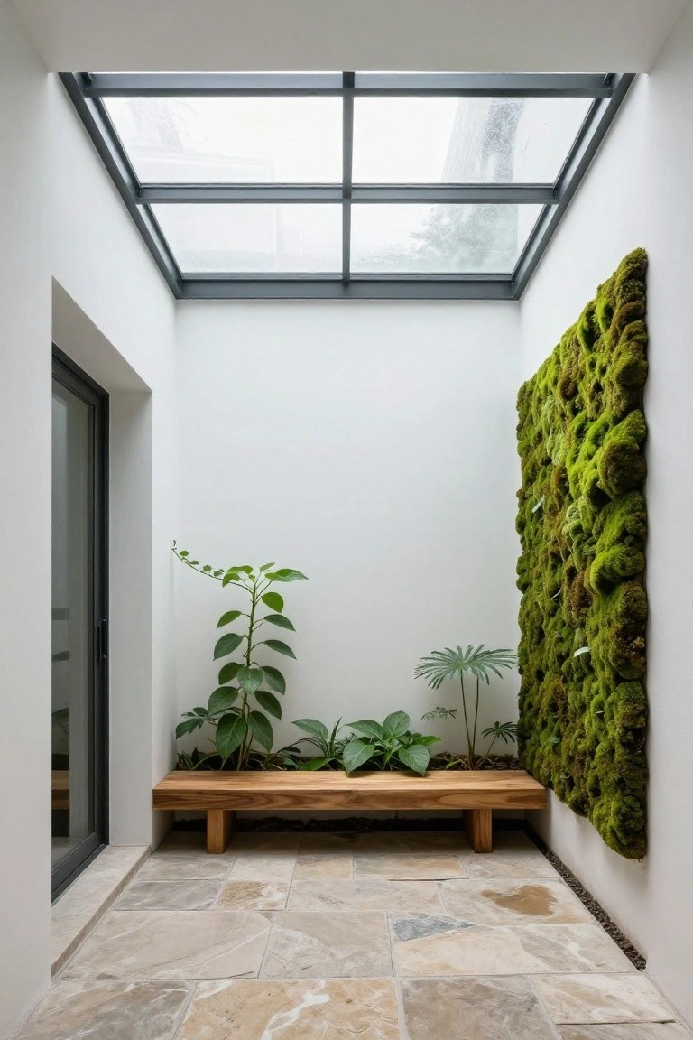 Small interior courtyard space with large grid glass skylight ceiling, white walls, tall moss wall panel, potted green plants, wooden bench, and light stone tile floor.
